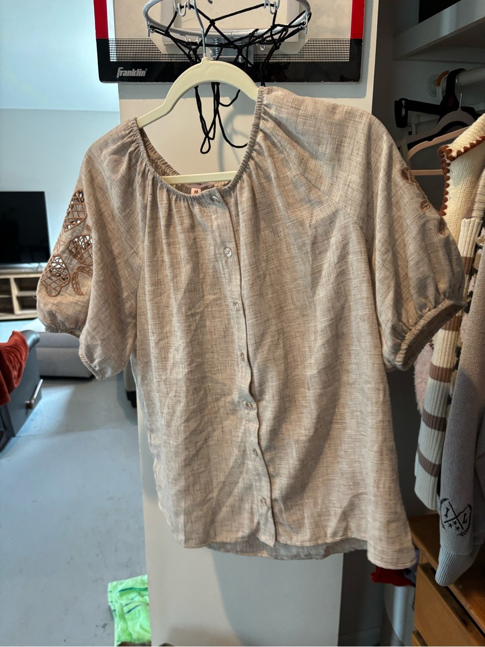 Boho Short-Sleeve Button Front Top in Light Beige
